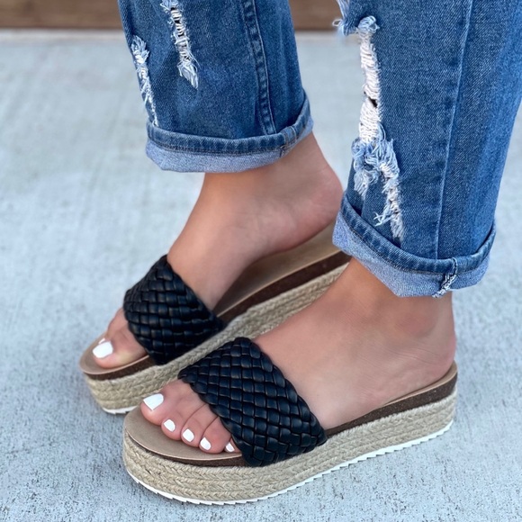 Black Braided One Band Platform Slip On Sandal - Picture 2 of 9